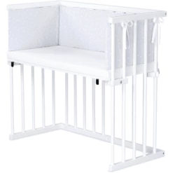 Dreamgood Lettino Co-sleeping In Faggio Laccato Bianco | Materasso Prime Air | Paracolpi, Grigio Chiaro A Pois Bianchi