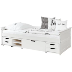 TiCAA Divano Letto Theodor 90 X 200 Cm Bianco Pino Con 4 Cassetti Funzionali Aden
