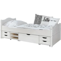TiCAA Letto Singolo Leni 100 X 200 Cm Bianco Pino Con 4 Cassetti Funzionali Aden