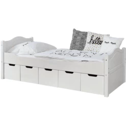 TiCAA Letto Singolo Leni 90 X 200 Cm In Pino Bianco Con 5 Cassetti Aden
